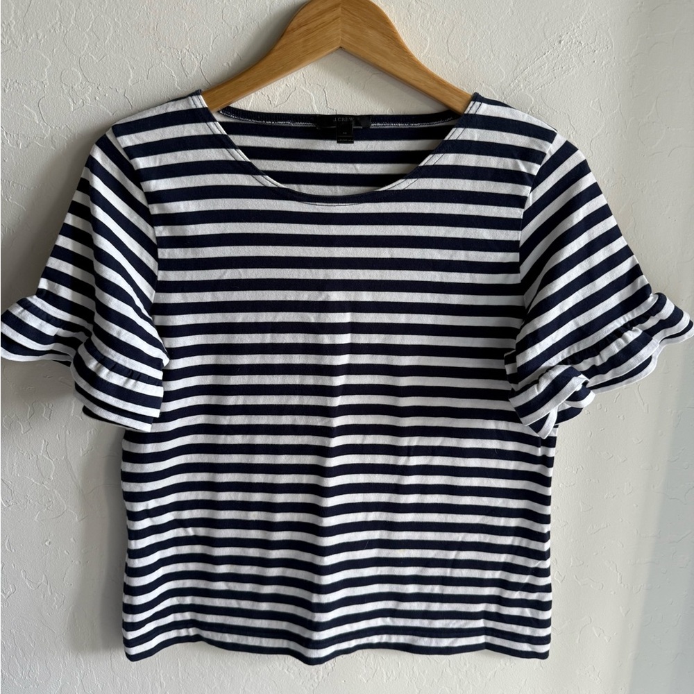 J.Crew Striped Navy and White Ruffle Sleeve Top